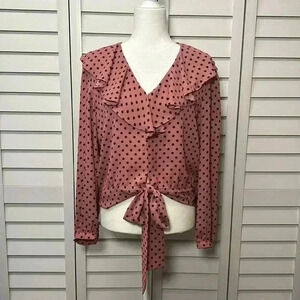 New York & Company V-Neck Ruffle Balloon Sleeve Tie Front Polka Dot Top Size M